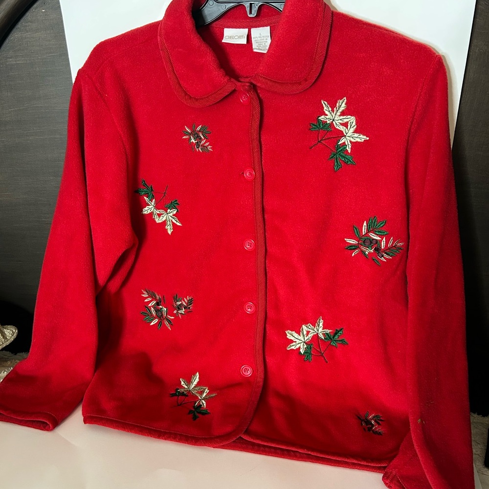 Cherokee Christmas Red Button-Up Jacket Fleece Size L with Leaf Decoration